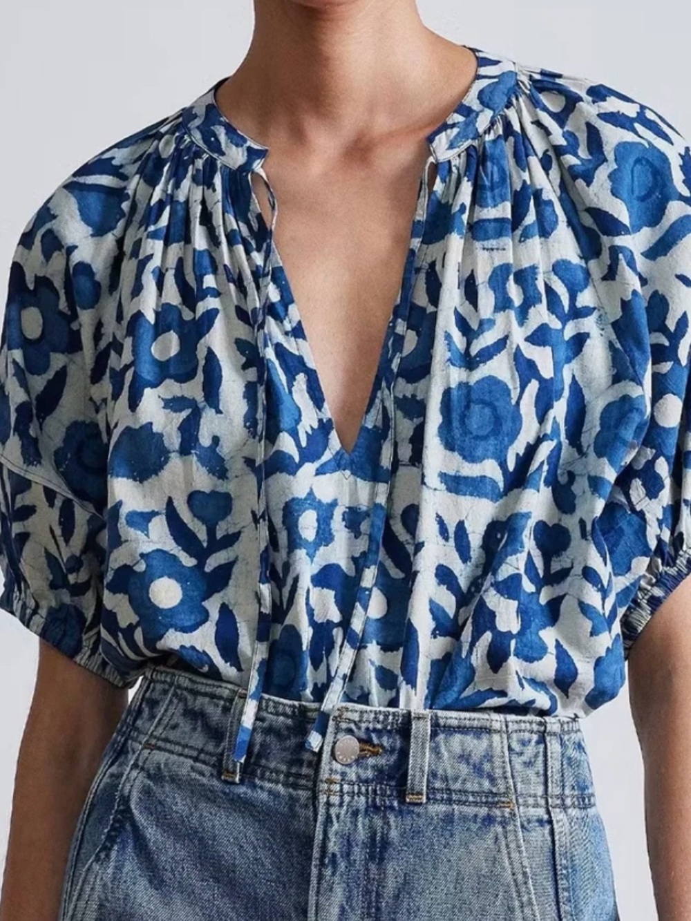 Apiece Apart Lumina Blue Floral V-Neck Peasant Top Small